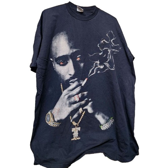 Tupac Black Heavy Weight Embellished T-Shirt Size 3XLT Rare Red Eyes Rap Band - Picture 2 of 8